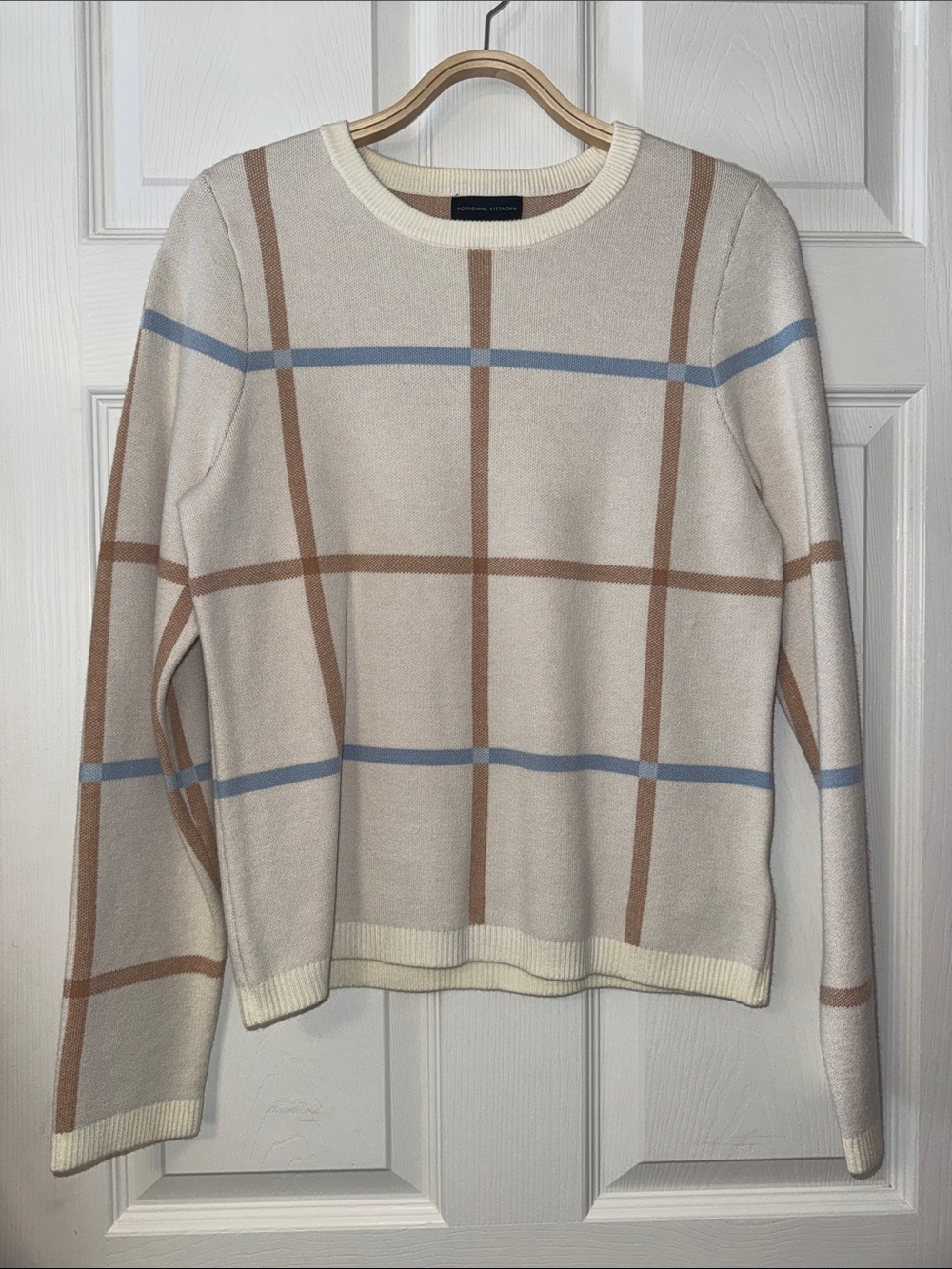 Adrienne Vittadini Cream Crewneck Sweater with Blue & Tan Plaid